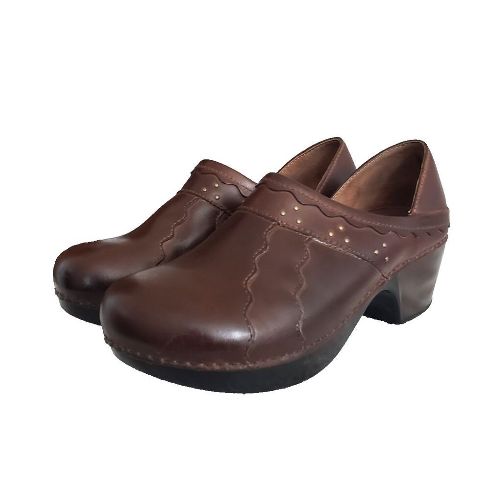 Dansko Women's Brown Leather Slip On Studded  Heeled Clogs Size 40‎ US 9.5 - 10